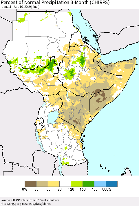 Eastern Africa Percent of Normal Precipitation 3-Month (CHIRPS) Thematic Map For 1/11/2019 - 4/10/2019