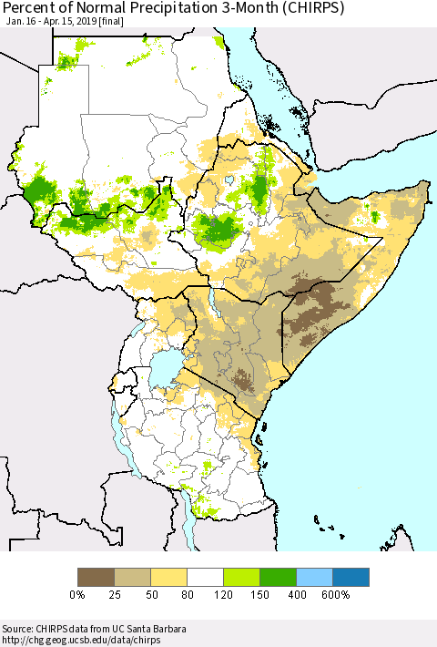 Eastern Africa Percent of Normal Precipitation 3-Month (CHIRPS) Thematic Map For 1/16/2019 - 4/15/2019