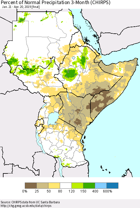 Eastern Africa Percent of Normal Precipitation 3-Month (CHIRPS) Thematic Map For 1/21/2019 - 4/20/2019