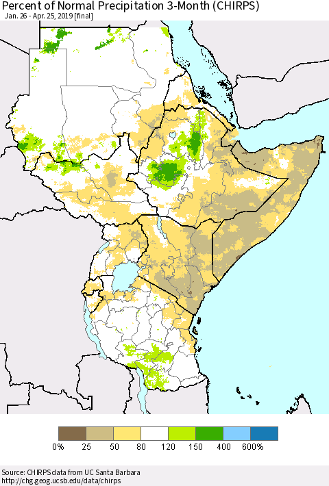 Eastern Africa Percent of Normal Precipitation 3-Month (CHIRPS) Thematic Map For 1/26/2019 - 4/25/2019
