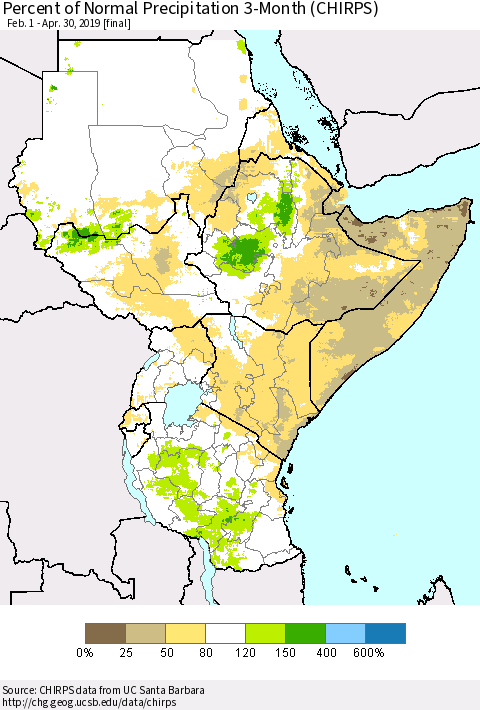 Eastern Africa Percent of Normal Precipitation 3-Month (CHIRPS) Thematic Map For 2/1/2019 - 4/30/2019