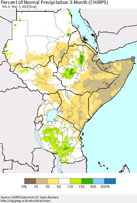 Eastern Africa Percent of Normal Precipitation 3-Month (CHIRPS) Thematic Map For 2/6/2019 - 5/5/2019
