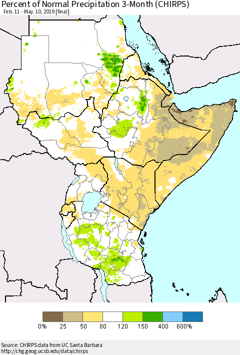 Eastern Africa Percent of Normal Precipitation 3-Month (CHIRPS) Thematic Map For 2/11/2019 - 5/10/2019