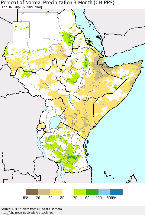 Eastern Africa Percent of Normal Precipitation 3-Month (CHIRPS) Thematic Map For 2/16/2019 - 5/15/2019