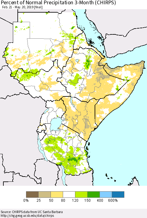 Eastern Africa Percent of Normal Precipitation 3-Month (CHIRPS) Thematic Map For 2/21/2019 - 5/20/2019