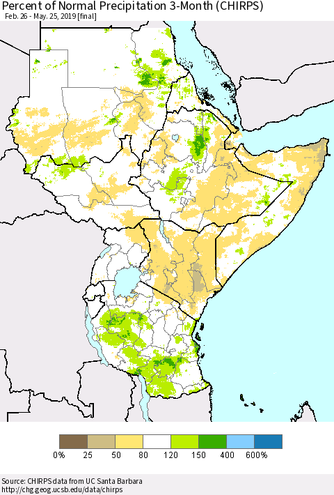 Eastern Africa Percent of Normal Precipitation 3-Month (CHIRPS) Thematic Map For 2/26/2019 - 5/25/2019