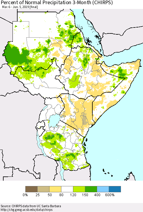 Eastern Africa Percent of Normal Precipitation 3-Month (CHIRPS) Thematic Map For 3/6/2019 - 6/5/2019
