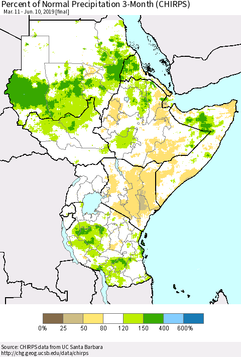 Eastern Africa Percent of Normal Precipitation 3-Month (CHIRPS) Thematic Map For 3/11/2019 - 6/10/2019