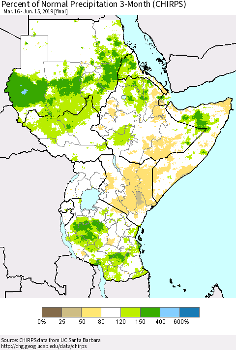 Eastern Africa Percent of Normal Precipitation 3-Month (CHIRPS) Thematic Map For 3/16/2019 - 6/15/2019