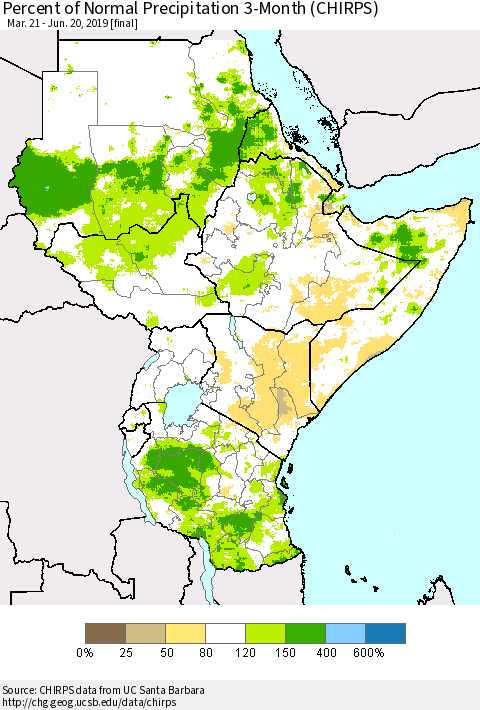 Eastern Africa Percent of Normal Precipitation 3-Month (CHIRPS) Thematic Map For 3/21/2019 - 6/20/2019