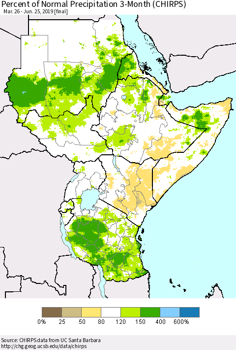 Eastern Africa Percent of Normal Precipitation 3-Month (CHIRPS) Thematic Map For 3/26/2019 - 6/25/2019