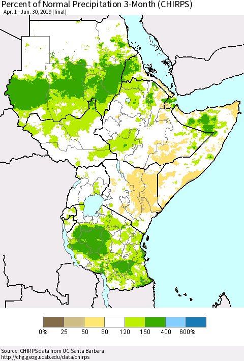 Eastern Africa Percent of Normal Precipitation 3-Month (CHIRPS) Thematic Map For 4/1/2019 - 6/30/2019