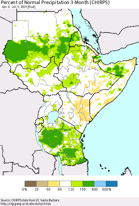 Eastern Africa Percent of Normal Precipitation 3-Month (CHIRPS) Thematic Map For 4/6/2019 - 7/5/2019