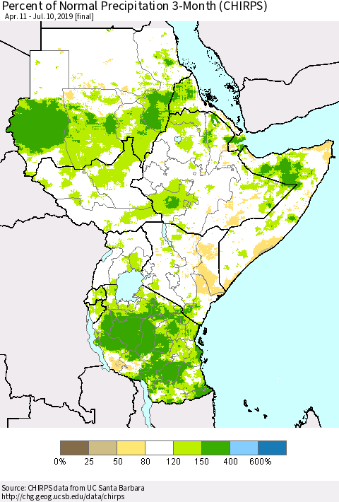 Eastern Africa Percent of Normal Precipitation 3-Month (CHIRPS) Thematic Map For 4/11/2019 - 7/10/2019