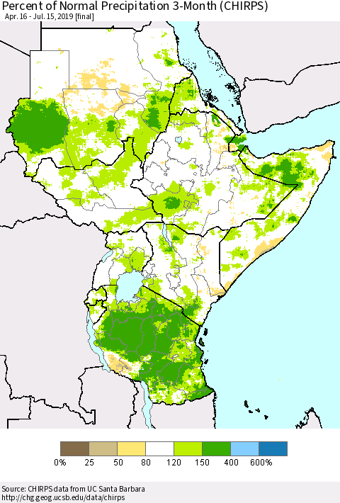 Eastern Africa Percent of Normal Precipitation 3-Month (CHIRPS) Thematic Map For 4/16/2019 - 7/15/2019