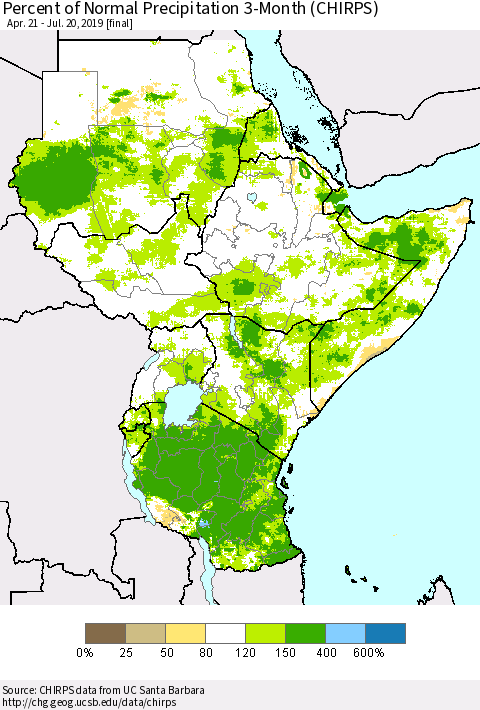Eastern Africa Percent of Normal Precipitation 3-Month (CHIRPS) Thematic Map For 4/21/2019 - 7/20/2019