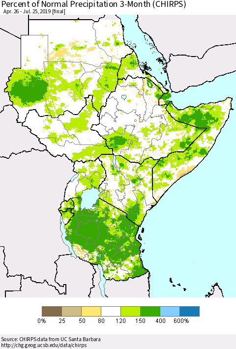 Eastern Africa Percent of Normal Precipitation 3-Month (CHIRPS) Thematic Map For 4/26/2019 - 7/25/2019