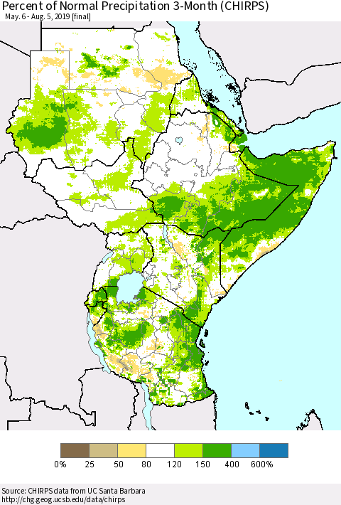 Eastern Africa Percent of Normal Precipitation 3-Month (CHIRPS) Thematic Map For 5/6/2019 - 8/5/2019