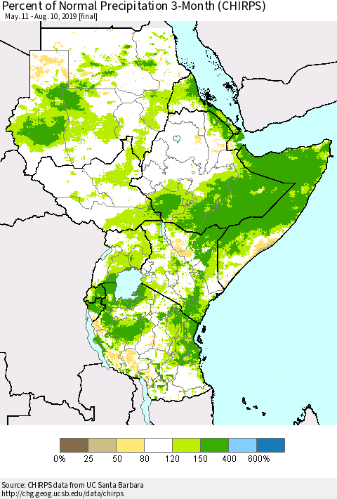 Eastern Africa Percent of Normal Precipitation 3-Month (CHIRPS) Thematic Map For 5/11/2019 - 8/10/2019