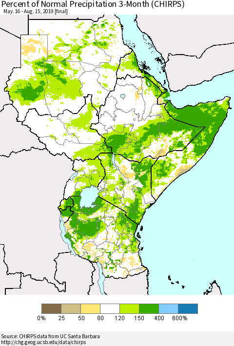 Eastern Africa Percent of Normal Precipitation 3-Month (CHIRPS) Thematic Map For 5/16/2019 - 8/15/2019