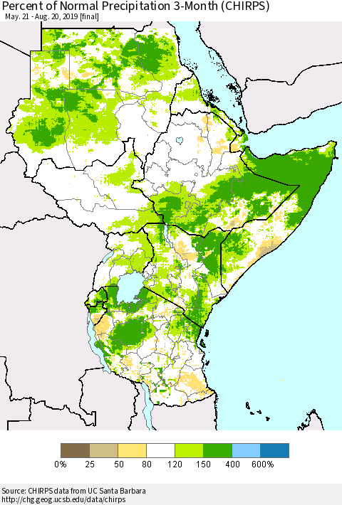 Eastern Africa Percent of Normal Precipitation 3-Month (CHIRPS) Thematic Map For 5/21/2019 - 8/20/2019