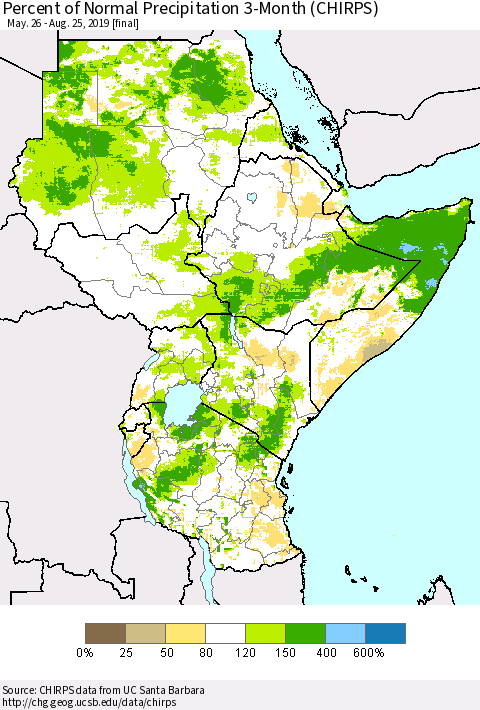 Eastern Africa Percent of Normal Precipitation 3-Month (CHIRPS) Thematic Map For 5/26/2019 - 8/25/2019