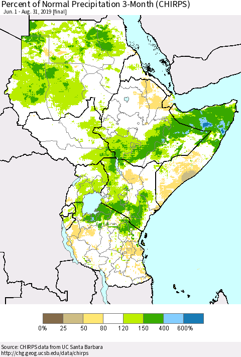 Eastern Africa Percent of Normal Precipitation 3-Month (CHIRPS) Thematic Map For 6/1/2019 - 8/31/2019