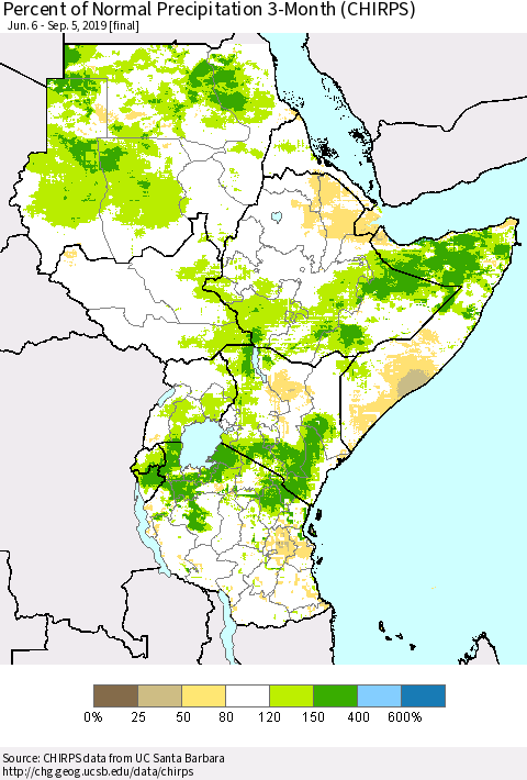 Eastern Africa Percent of Normal Precipitation 3-Month (CHIRPS) Thematic Map For 6/6/2019 - 9/5/2019