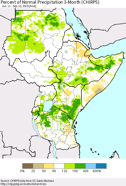 Eastern Africa Percent of Normal Precipitation 3-Month (CHIRPS) Thematic Map For 6/11/2019 - 9/10/2019