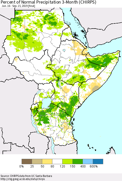 Eastern Africa Percent of Normal Precipitation 3-Month (CHIRPS) Thematic Map For 6/16/2019 - 9/15/2019