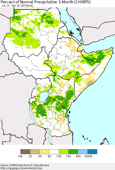Eastern Africa Percent of Normal Precipitation 3-Month (CHIRPS) Thematic Map For 6/21/2019 - 9/20/2019