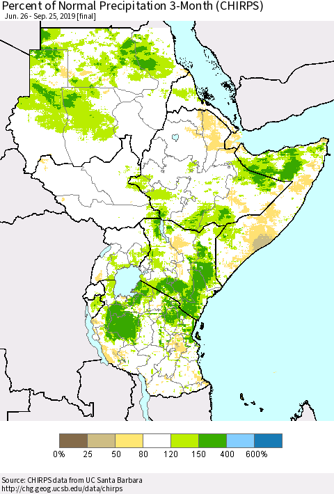 Eastern Africa Percent of Normal Precipitation 3-Month (CHIRPS) Thematic Map For 6/26/2019 - 9/25/2019