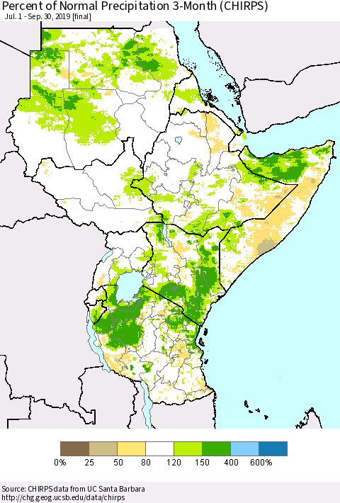 Eastern Africa Percent of Normal Precipitation 3-Month (CHIRPS) Thematic Map For 7/1/2019 - 9/30/2019