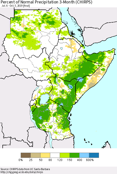Eastern Africa Percent of Normal Precipitation 3-Month (CHIRPS) Thematic Map For 7/6/2019 - 10/5/2019