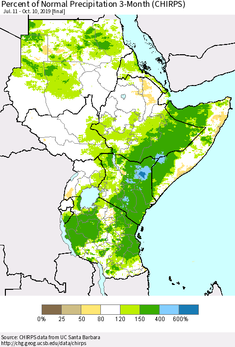 Eastern Africa Percent of Normal Precipitation 3-Month (CHIRPS) Thematic Map For 7/11/2019 - 10/10/2019