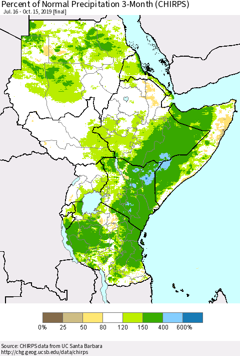 Eastern Africa Percent of Normal Precipitation 3-Month (CHIRPS) Thematic Map For 7/16/2019 - 10/15/2019