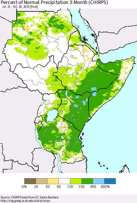 Eastern Africa Percent of Normal Precipitation 3-Month (CHIRPS) Thematic Map For 7/21/2019 - 10/20/2019