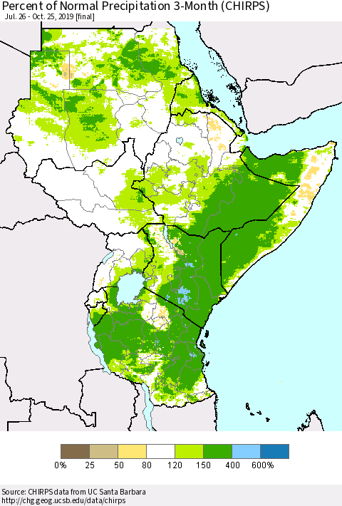 Eastern Africa Percent of Normal Precipitation 3-Month (CHIRPS) Thematic Map For 7/26/2019 - 10/25/2019