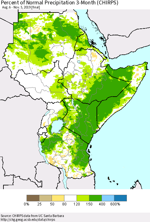 Eastern Africa Percent of Normal Precipitation 3-Month (CHIRPS) Thematic Map For 8/6/2019 - 11/5/2019