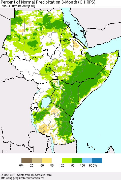 Eastern Africa Percent of Normal Precipitation 3-Month (CHIRPS) Thematic Map For 8/11/2019 - 11/10/2019