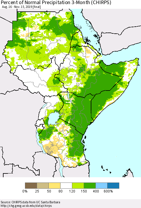 Eastern Africa Percent of Normal Precipitation 3-Month (CHIRPS) Thematic Map For 8/16/2019 - 11/15/2019