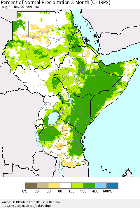 Eastern Africa Percent of Normal Precipitation 3-Month (CHIRPS) Thematic Map For 8/21/2019 - 11/20/2019