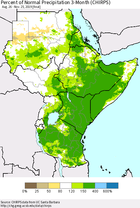 Eastern Africa Percent of Normal Precipitation 3-Month (CHIRPS) Thematic Map For 8/26/2019 - 11/25/2019