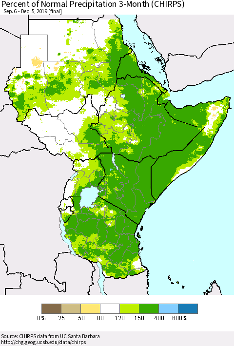 Eastern Africa Percent of Normal Precipitation 3-Month (CHIRPS) Thematic Map For 9/6/2019 - 12/5/2019