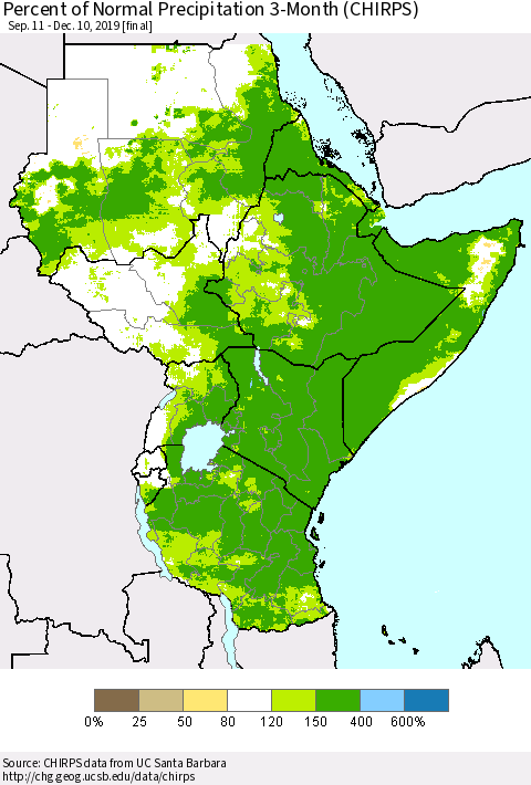 Eastern Africa Percent of Normal Precipitation 3-Month (CHIRPS) Thematic Map For 9/11/2019 - 12/10/2019