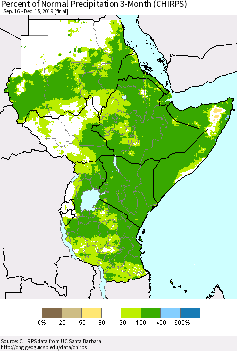 Eastern Africa Percent of Normal Precipitation 3-Month (CHIRPS) Thematic Map For 9/16/2019 - 12/15/2019