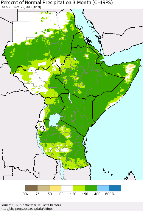Eastern Africa Percent of Normal Precipitation 3-Month (CHIRPS) Thematic Map For 9/21/2019 - 12/20/2019