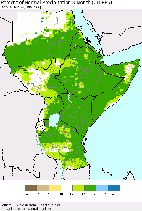 Eastern Africa Percent of Normal Precipitation 3-Month (CHIRPS) Thematic Map For 9/26/2019 - 12/25/2019
