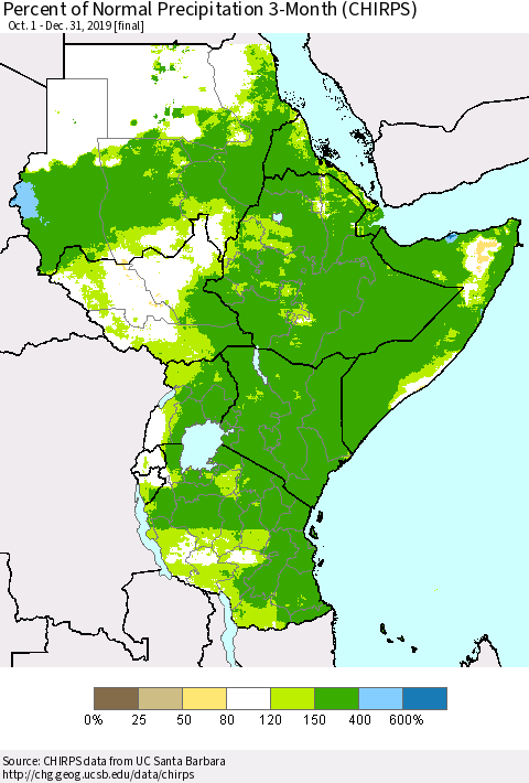 Eastern Africa Percent of Normal Precipitation 3-Month (CHIRPS) Thematic Map For 10/1/2019 - 12/31/2019