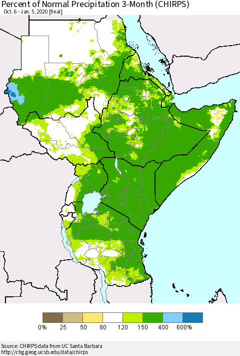Eastern Africa Percent of Normal Precipitation 3-Month (CHIRPS) Thematic Map For 10/6/2019 - 1/5/2020
